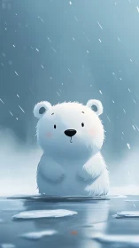 Cute cartoon polar bear stands alone on icy blue lake