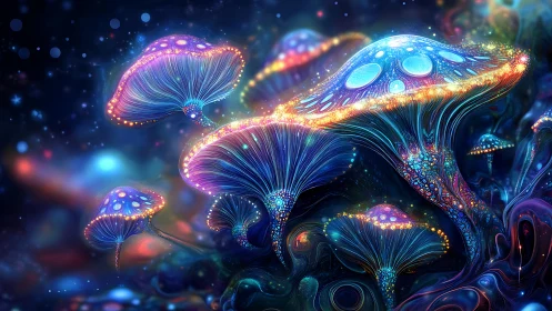 Luminous bioluminescent mushrooms in dense cosmic field.