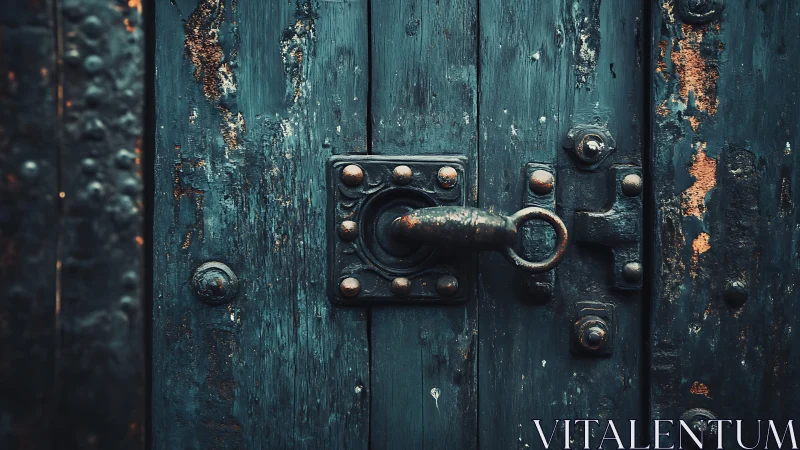 Weathered teal door handle guarding rust-kissed secrets.