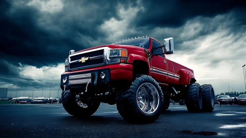 Lifted red monster truck under brooding stormy sky.