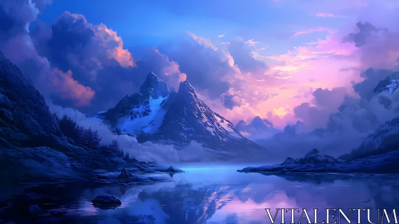 Snowy mountain peaks over calm reflective blue lake.