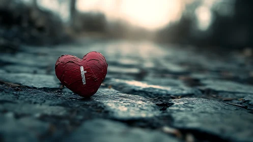 Red heart object placed on wet asphalt surface
