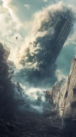 Collapsing skyscraper amid apocalyptic urban shockwave.