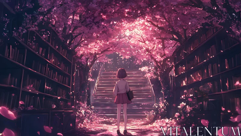 Library staircase beneath luminous cherry blossom canopy.