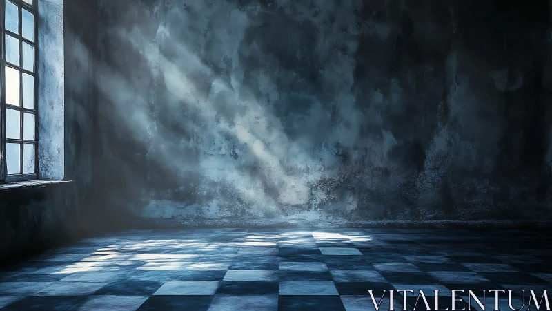 Empty tiled room with window light and textured dark walls.