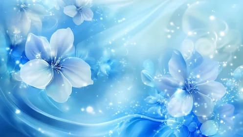 Blue flowers with luminous particles on gradient background