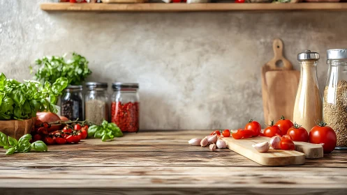 Rustic kitchen counter displays fresh tomatoes, herbs, spices