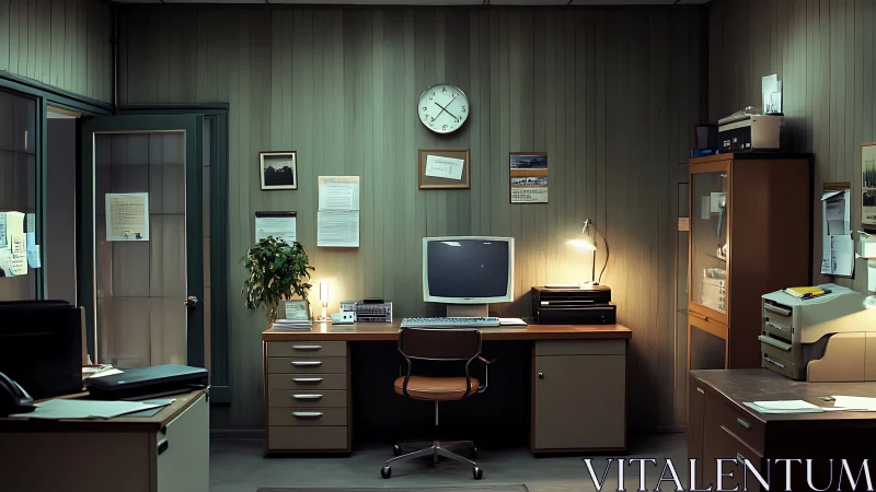 Dimly lit retro office workstation with CRT monitor and paper files