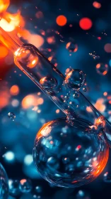 Glowing lab pipette and liquid spheres float in vivid bokeh light