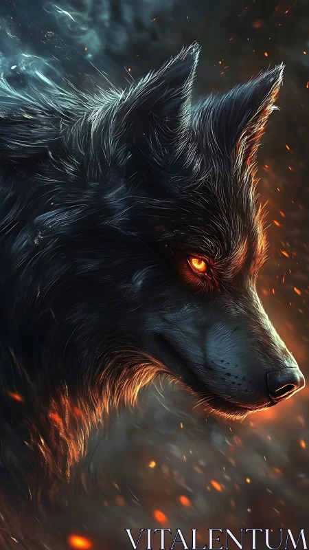 Fiery-eyed wolf portrait in glowing embers and smoke.