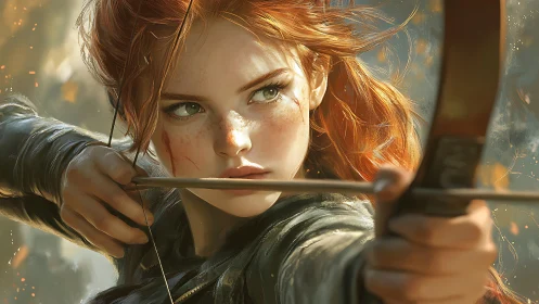 Flame haired huntress locking her arrow on destiny’s heart.