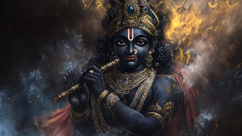 Divine blue deity plays golden flute amid swirling light.