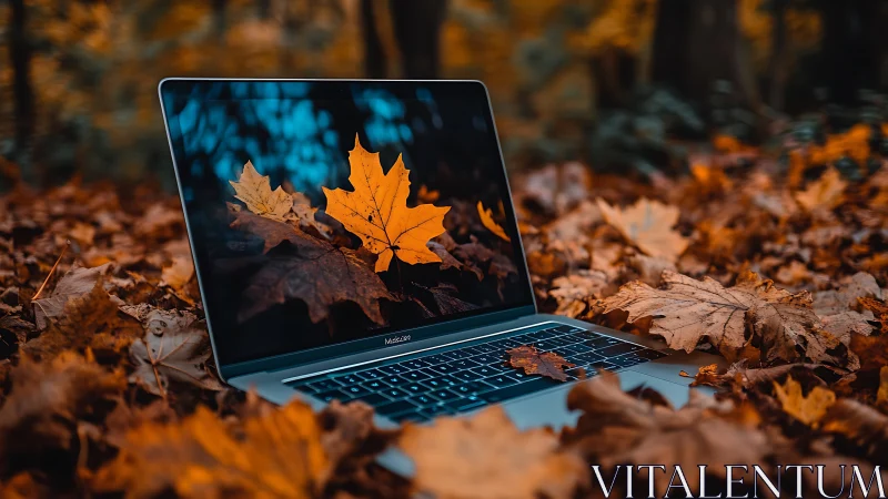 Ultrabook among autumn leaves with mirrored foliage display