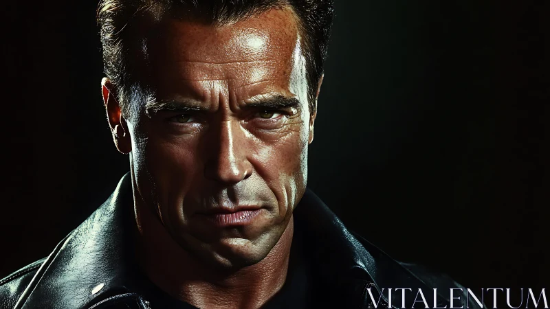 Strong leather clad man gazes forward with intense focus