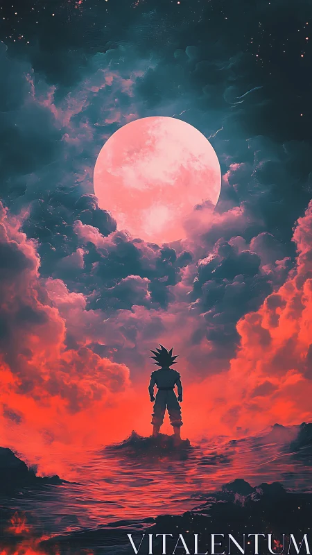 Silhouetted figure facing large moon over luminous clouds.