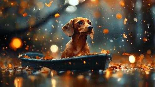 Autumn dachshund watches glowing leaves in dreamy rain.