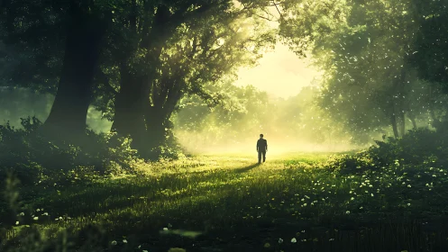 Golden Forest Path: Solitary Figure in Luminous Nature Study.
