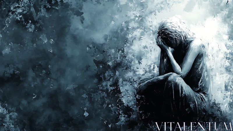 Solitary figure in cold abstract storm of grief.