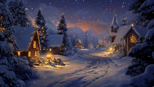 Snowy alpine village glows under warm winter lantern light.