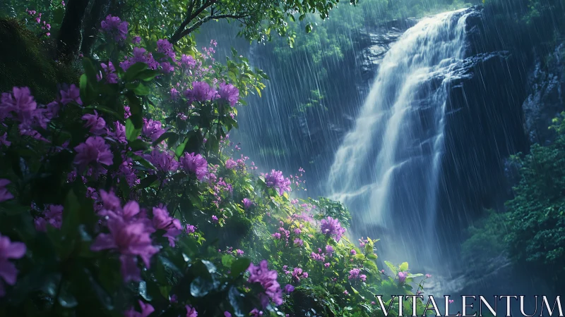 Rain-soaked purple flowers glow beside misty forest waterfall