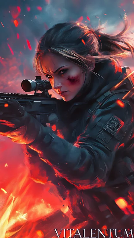 Sniper operative framed in eruptive red-orange battlefield light