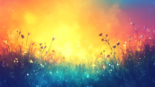 Radiant gradient meadow renders atmospheric backlit wildflowers