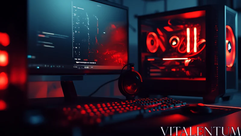 Cyberpunk workstation with luminous red RGB tower rig.