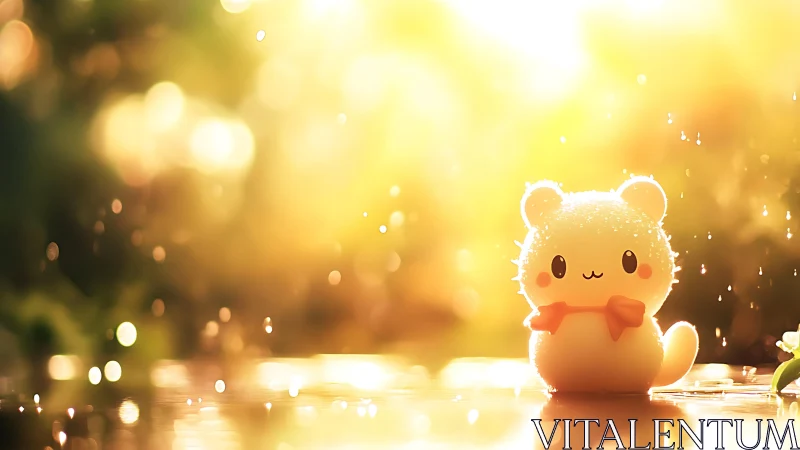 Sunlit marshmallow critter greets morning raindrop confetti