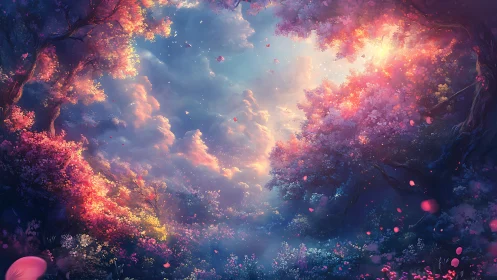 Enchanted twilight grove under glowing floral canopy.