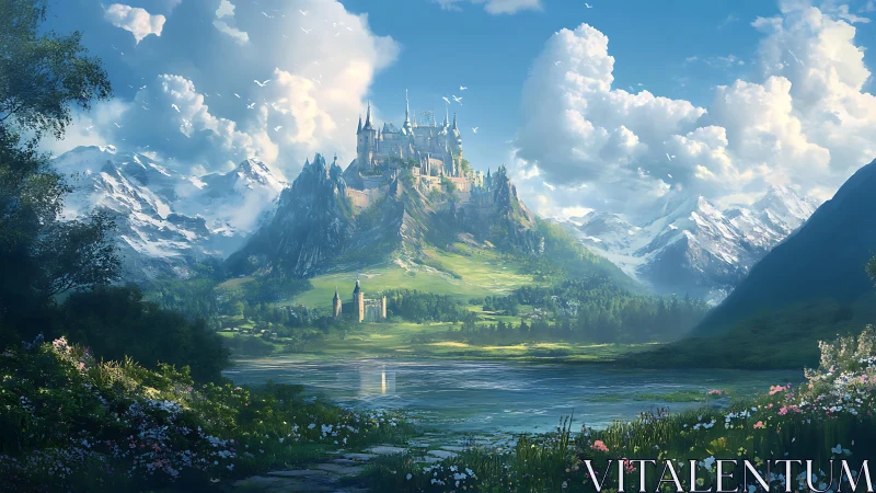 Majestic hilltop castle amid luminous alpine valley panorama.
