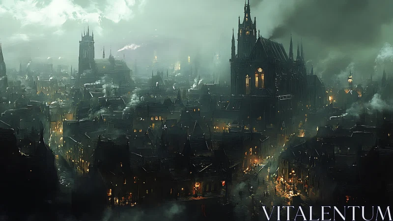 Gothic cathedral dominates smokey steampunk night cityscape.