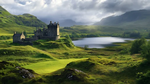 Medieval stone castle overlooks tranquil loch and green valley.