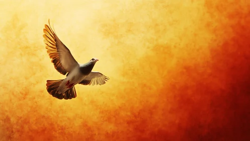 Dove in radiant flight against glowing orange sky plane.