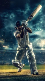Dynamic cricket batsman swinging under stadium lights.