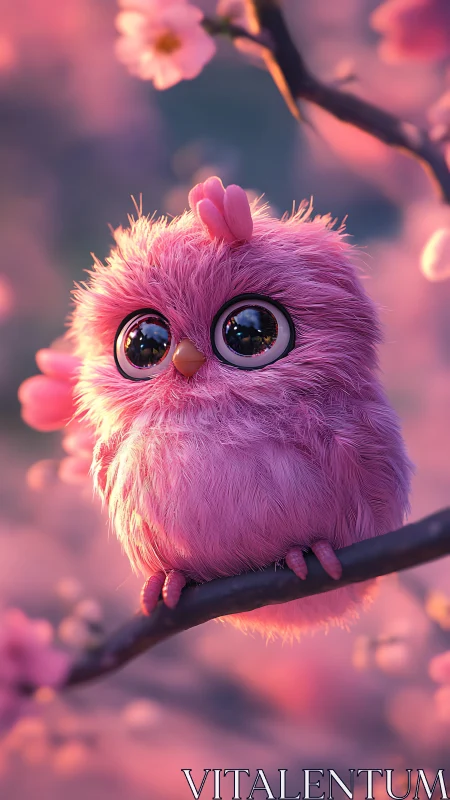 Fluffy pink owl perches in dreamy cherry blossom glow