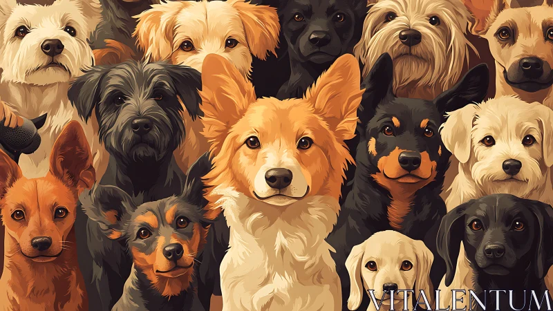 Multibreed canine portrait grid with stylized vector rendering.