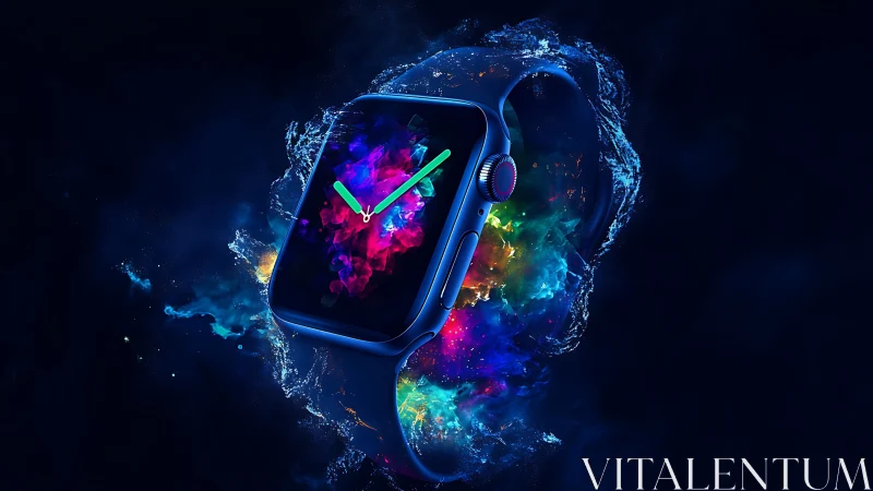 Smartwatch explodes with neon color in liquid light halo.