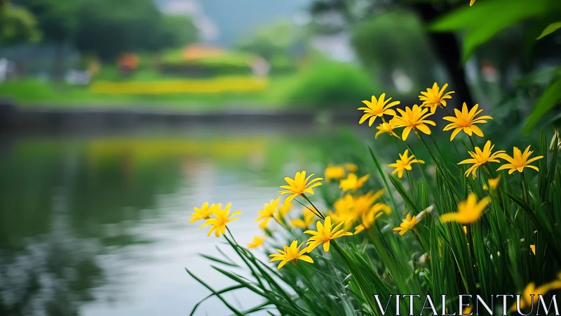 Macro botanical composition: yellow flowering plants along waterscape.
