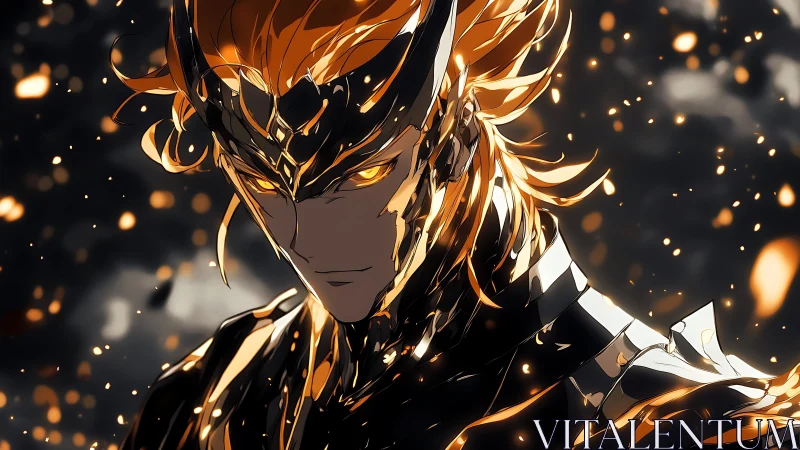 Flaming armored warrior emerges amid swirling embers at dusk.