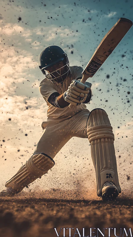 Cricket batsman captured in low‑angle dynamic stroke with flying grit