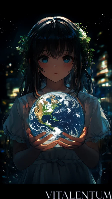 Anime girl cradles illuminated globe with high contrast rim lighting