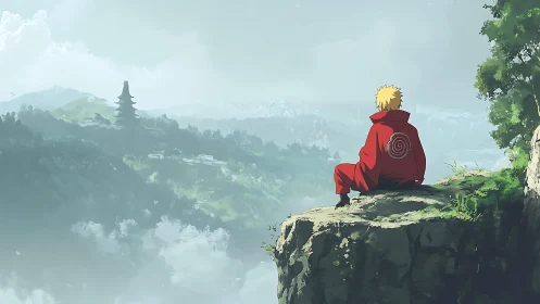 Solitary red-clad wanderer above misty temple valleys.