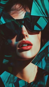 Bold sunglasses and red lips framed by teal shards.