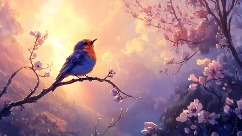 Vibrant robin on cherry blossom branch in dreamy sunset painting.