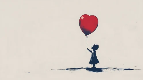 Heart balloon held by a hopeful child on quiet canvas.