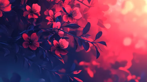 Glowing Red Blossoms Dance in Twilight Magic
