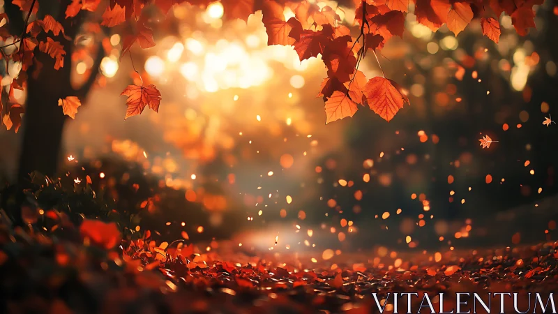 Backlit autumn leaves cascade through shallow-focus forest air