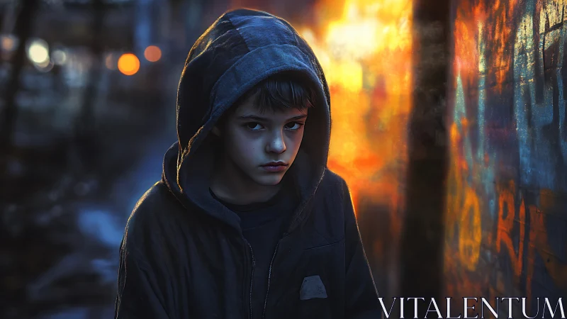 Hooded boy stalks neon alley between shadow and firelit dusk.