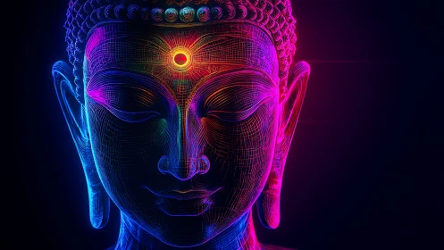 Neon‑lit cyber Buddha glows with electric third‑eye calm.
