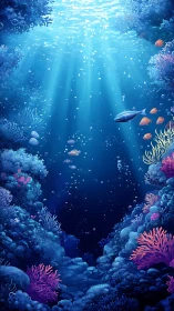 Sunlit coral canyon with schooling fish in deep blue water.